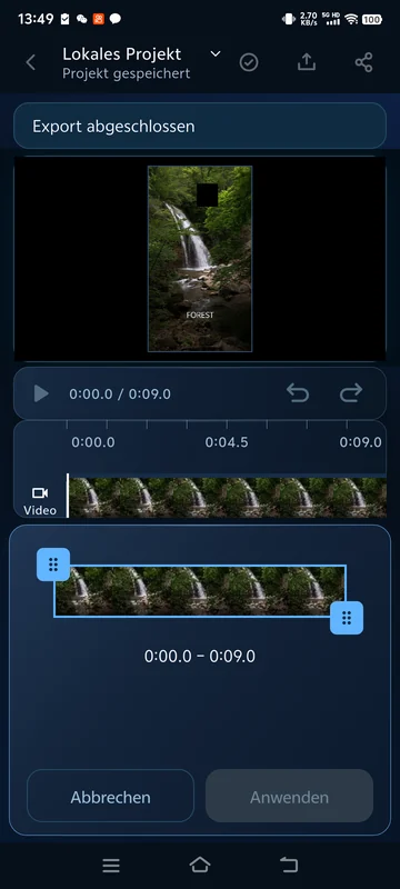 Gespeicherten 9-Sekunden-Clip erneut geöffnet; die Schnittansicht zeigt die aktuelle Zeitleiste von 0:00 bis 0:09.