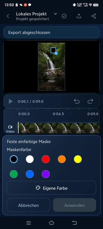 Gespeicherte schwarze Flächenmaske erneut geöffnet; sie bleibt fest und verfolgt keine bewegten Motive.