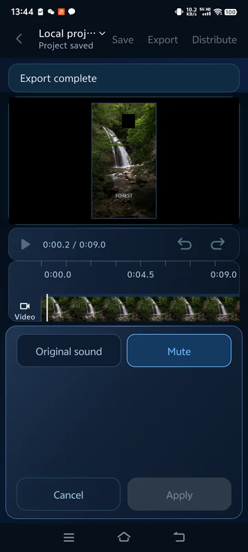 Reopened saved mute setting; the shared exported file has no audio track.