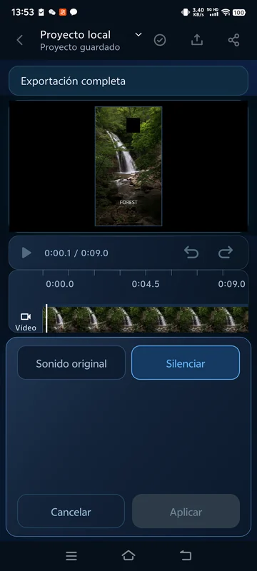 Ajuste de silencio guardado abierto de nuevo; el archivo exportado compartido no tiene pista de audio.