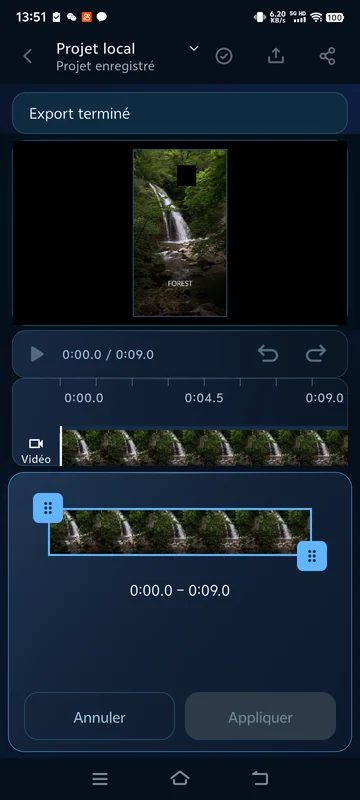 Clip enregistré de 9 secondes rouvert ; le panneau de découpe affiche la chronologie actuelle de 0:00 à 0:09.