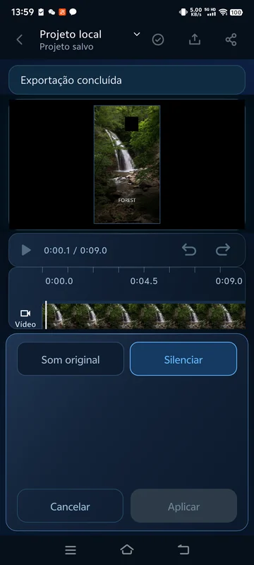Configuração de silêncio salva reaberta; o arquivo exportado compartilhado não tem faixa de áudio.